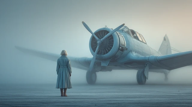 Foggy Airstrip Retro Plane Cinematic Scene