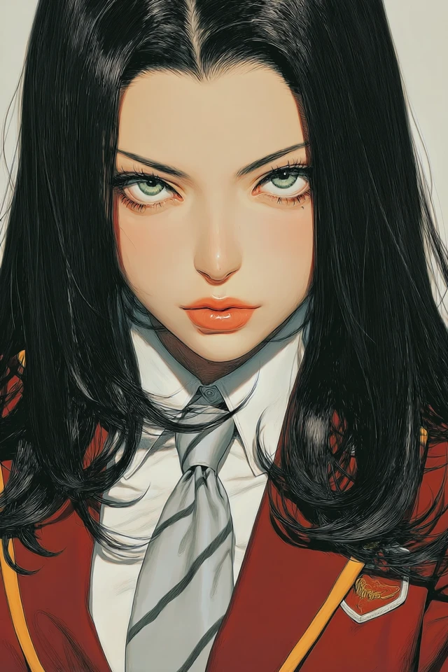 Anime Schoolgirl Portrait with Green Eyes