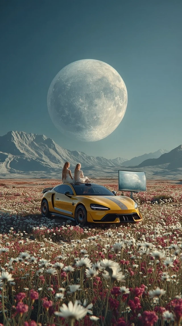 Surreal Lunar Landscape Yellow Car and Flowers 8K