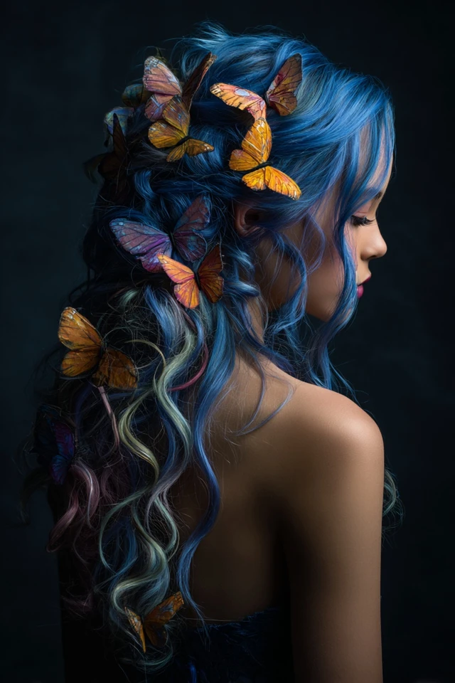 Girl with Blue Hair and Butterflys