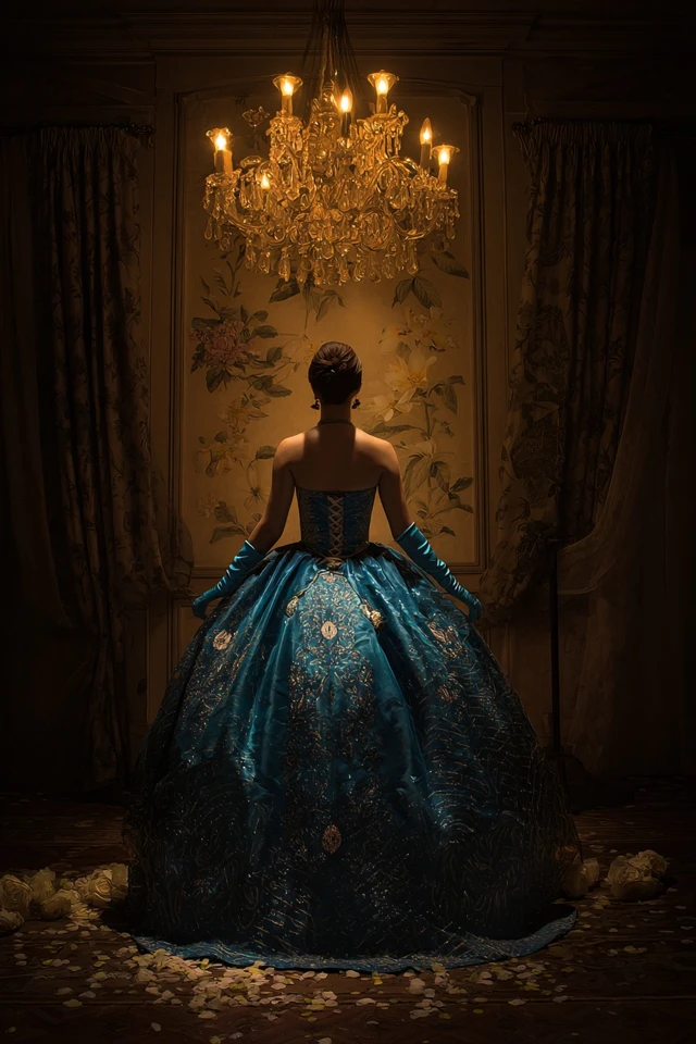Baroque Woman in Ball Gown Under Chandelier