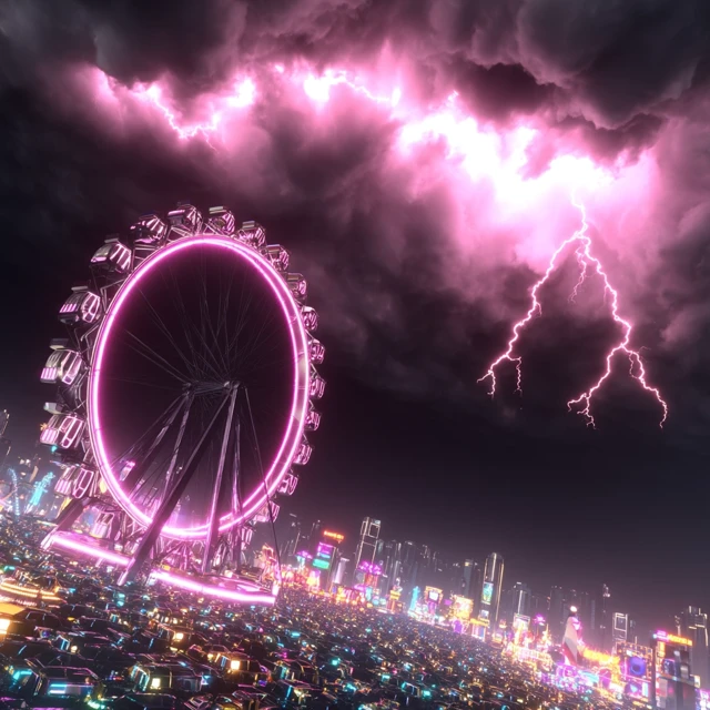 Futuristic Carnival with Ferris Wheel and Lightning