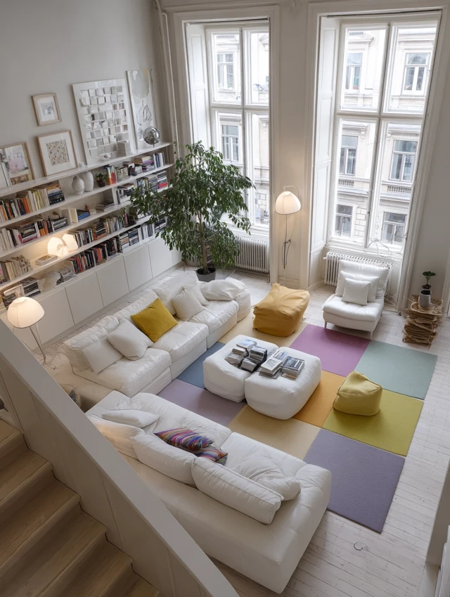 Scandinavian Living Room Design Colorful Rug High Angle