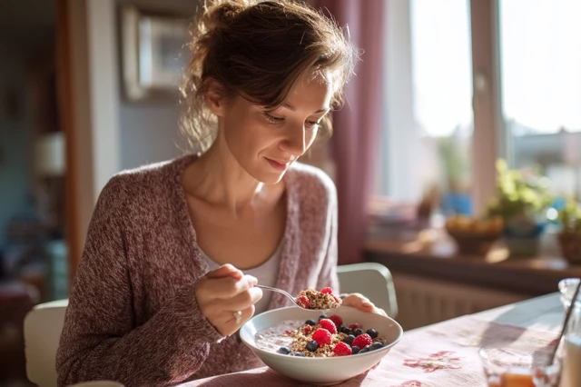 Woman Eating Quinoa Muesli with Berries Healthy Breakfast