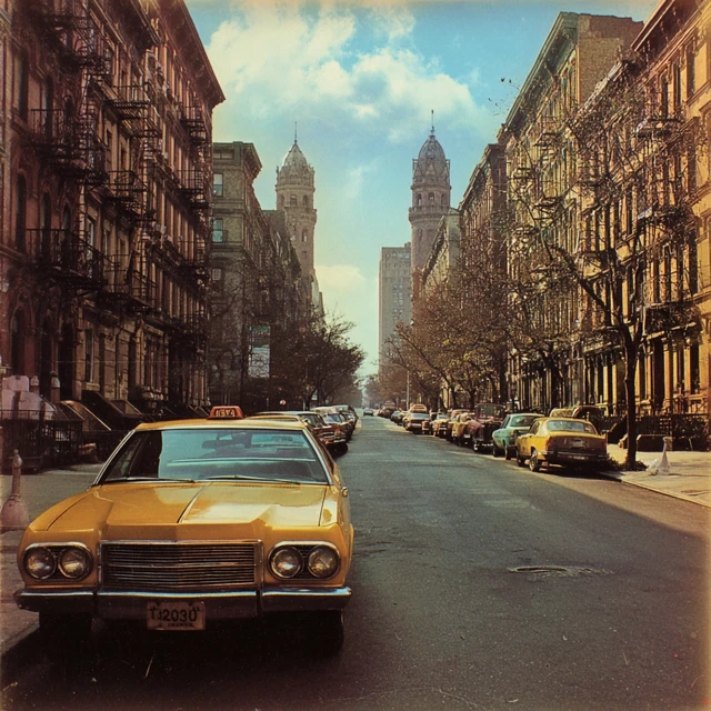 Early 70s New York Harlem Street with Yellow Taxi