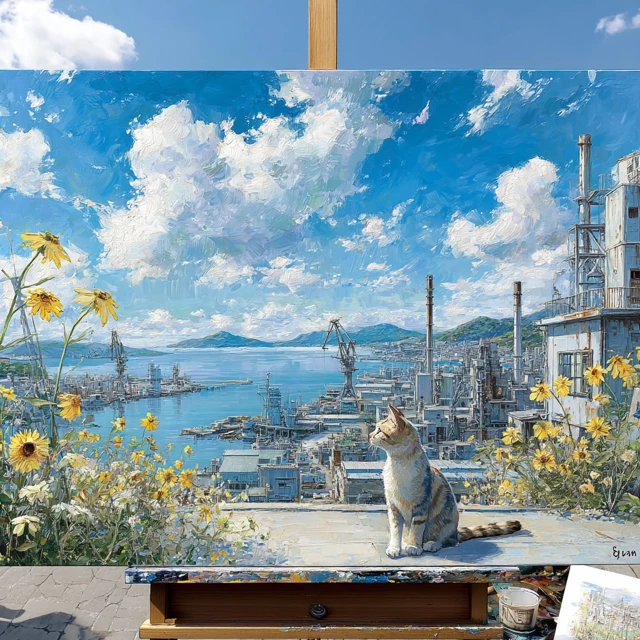 Oil Painting Cat at Beach with Yellow Flowers