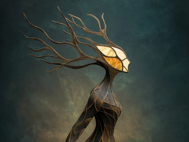 Haunting Deer Woman Wood and Glass Sculpture