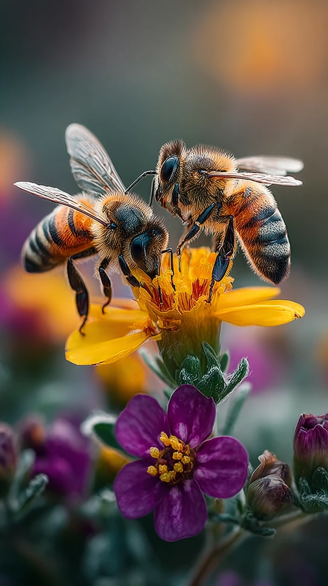 Bees Hugging on Flower Macro Photography
