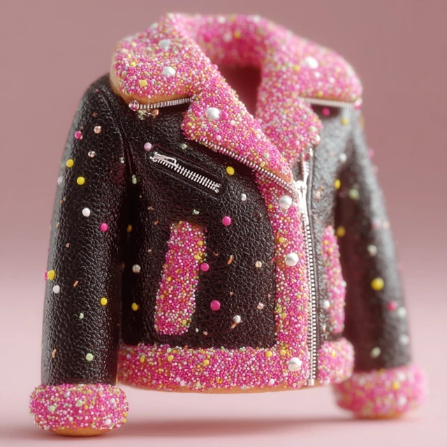 Black Leather Jacket with Doughnut Icing and Sprinkles