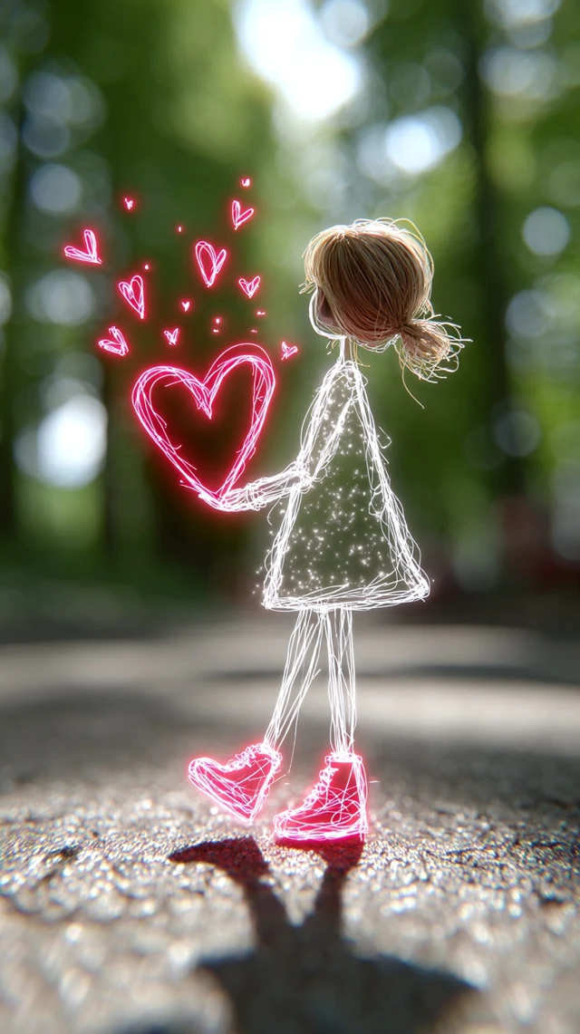 Glowing Neon Girl with Pink Heart Summer Park