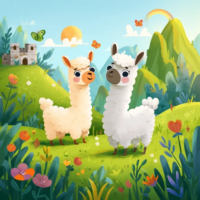 Cute Llamas in Andean Landscape Cartoon Illustration