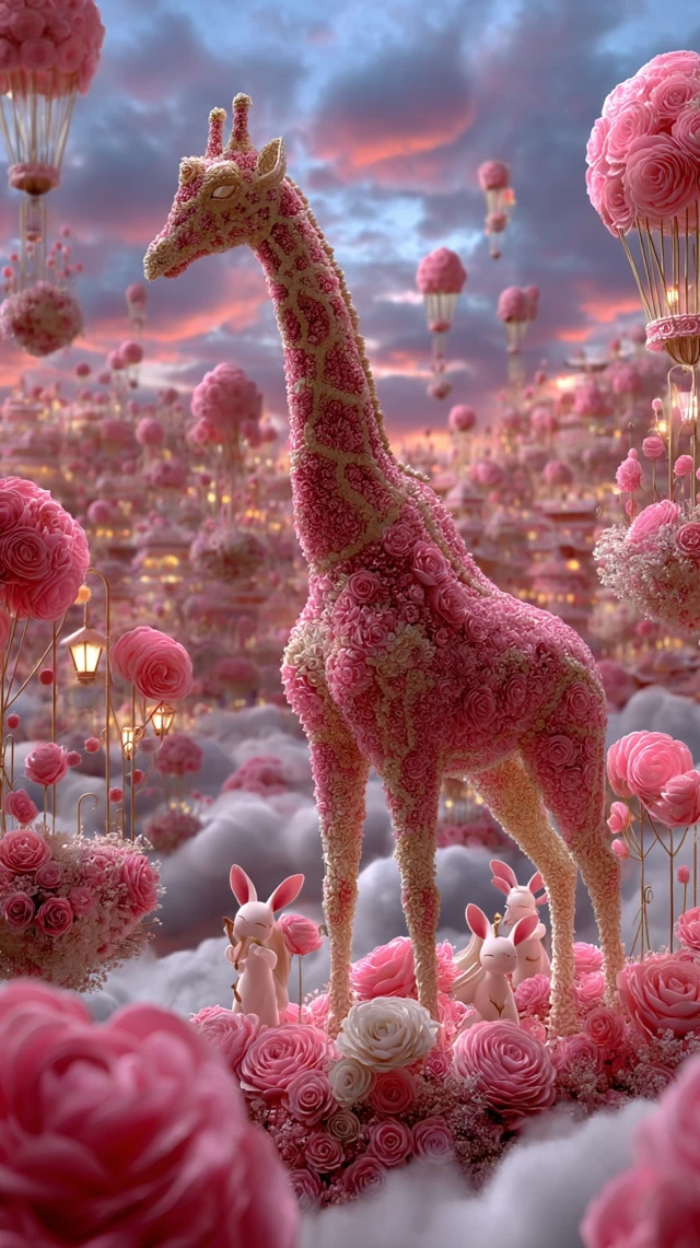 Dreamy Floral Giraffe in a Floating Flower Market