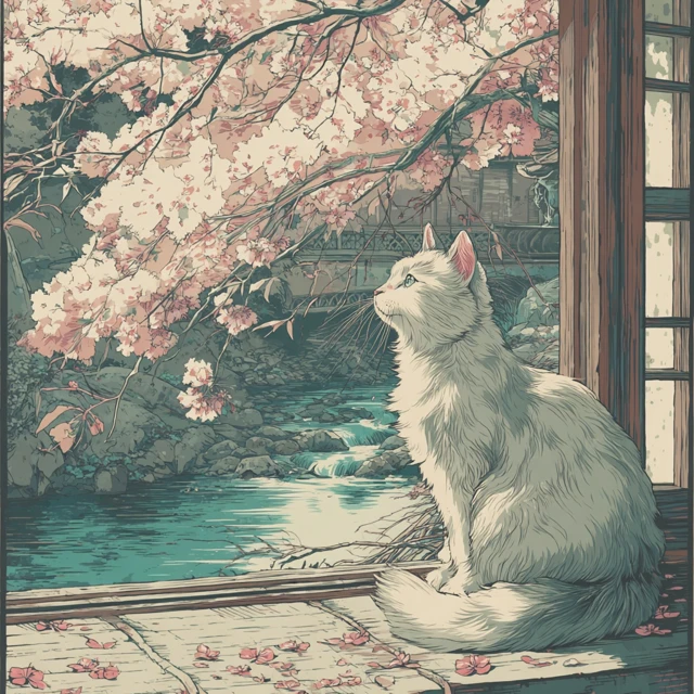 Japanese Woodblock Print Cat and Cherry Blossoms