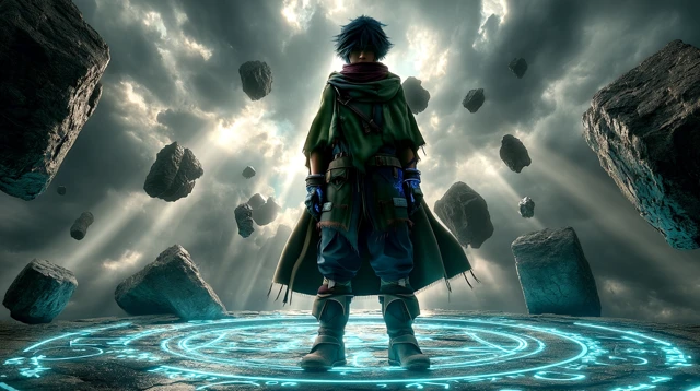 Anime Warrior with Blue Magic and Floating Rocks