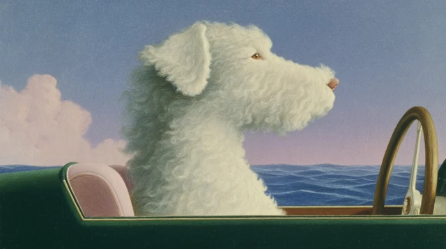 Dog in Boat on the Ocean Nostalgic Surreal Art