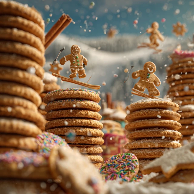 Gingerbread Skiers and Cookie Mountain Scene