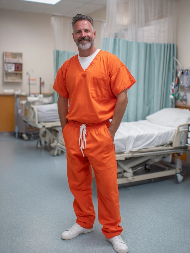 Smiling Doctor in Scrubs at Hospital