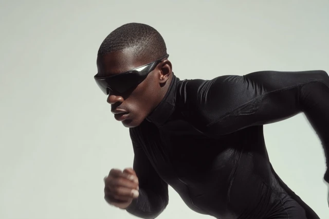 Athletic Man Running in Black Sportswear and Sunglasses
