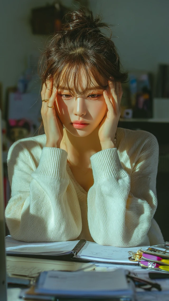 Beautiful Korean Woman Studying At Desk HDR Lighting