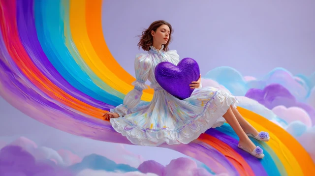 Beautiful Girl on Rainbow Holding Heart Art