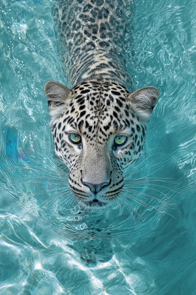 Amur Leopard Swimming in Turquoise Pool