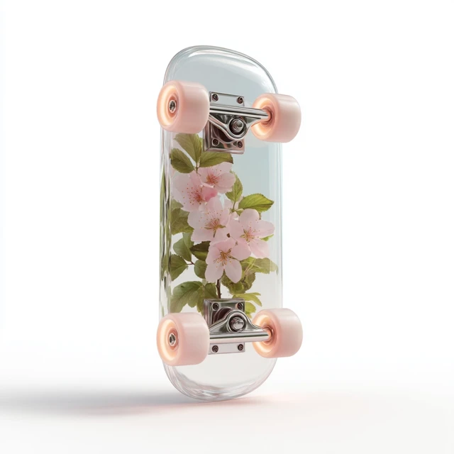 Glass Skateboard with Flowers 3D Icon Spring Aesthetic