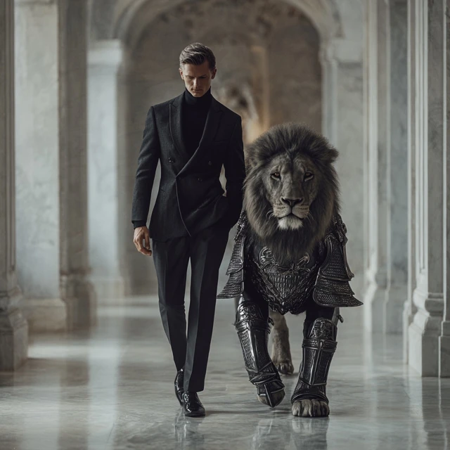 Man and Lion Luxury Editorial Photo Giorgio Armani Style