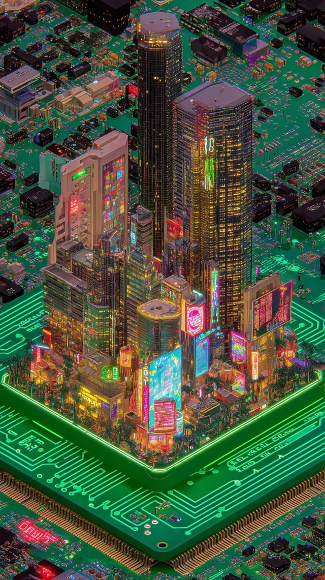 Cyberpunk Cityscape Microchip Illustration