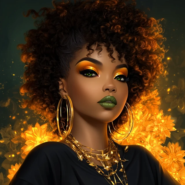 Black Woman Portrait with Gold Jewelry and Green Lipstick