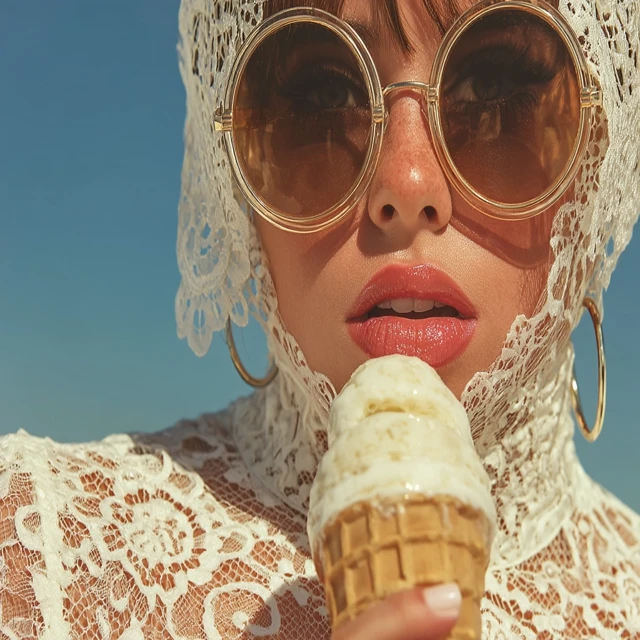 Glamorous Woman with Ice Cream, Sunglasses, and Bright Sunlight