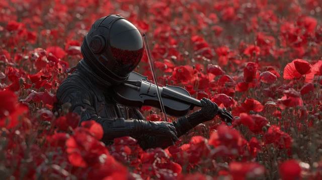 Astronaut Plays Violin in Poppy Field Cinematic