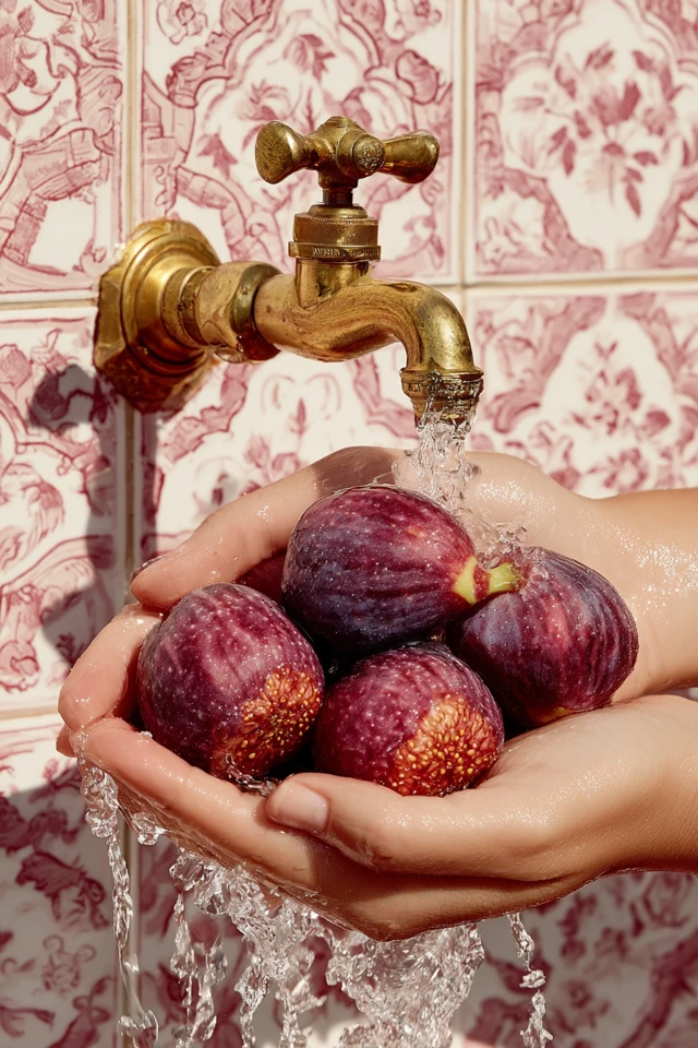 Fresh Figs Hands Water Brass Tap Mediterranean