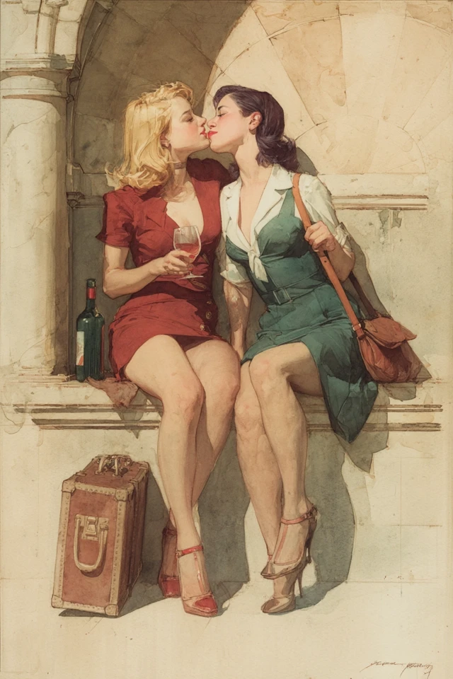 1940s Watercolor Art: Girlfriends in a Train Station