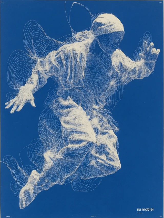 Abstract Human Figure Drawing on Blue
