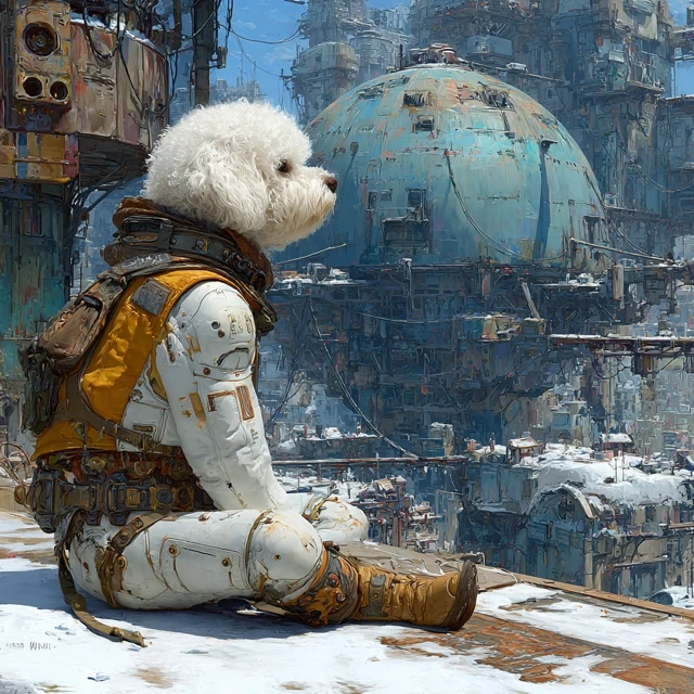 Cyberpunk Bichon Frise on a Dystopian Rooftop