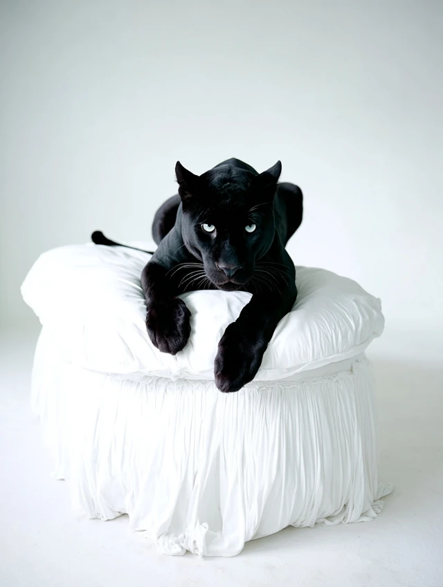 Black Panther on White Sofa Hyperrealism Product Shoot
