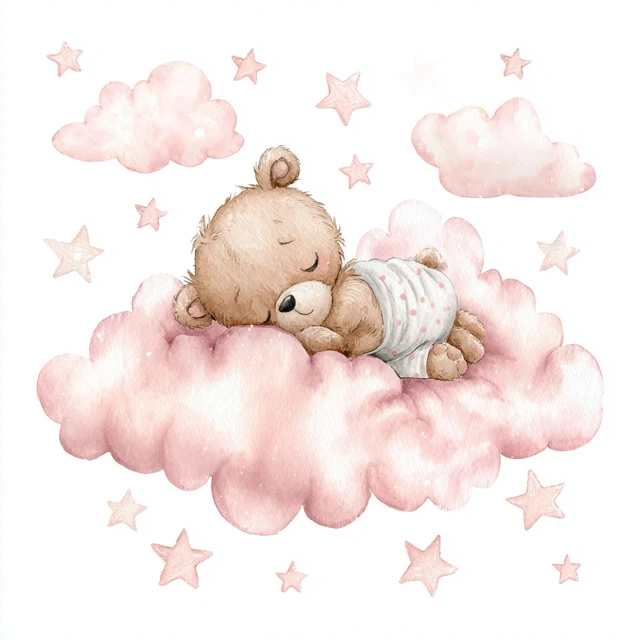 Baby Bear Sleeping on a Cloud Watercolor Art