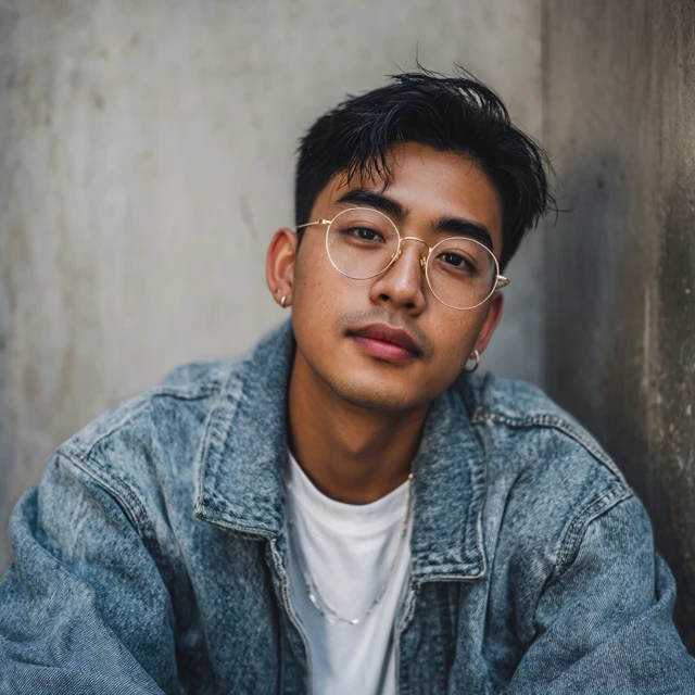 Handsome Asian Man in Glasses Denim Jacket