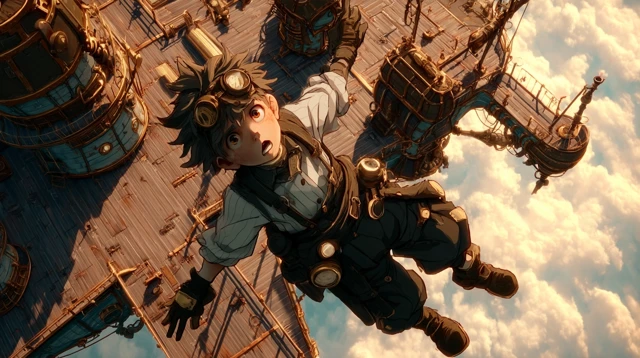 Steampunk Boy Anime on Airship Epic Illustration