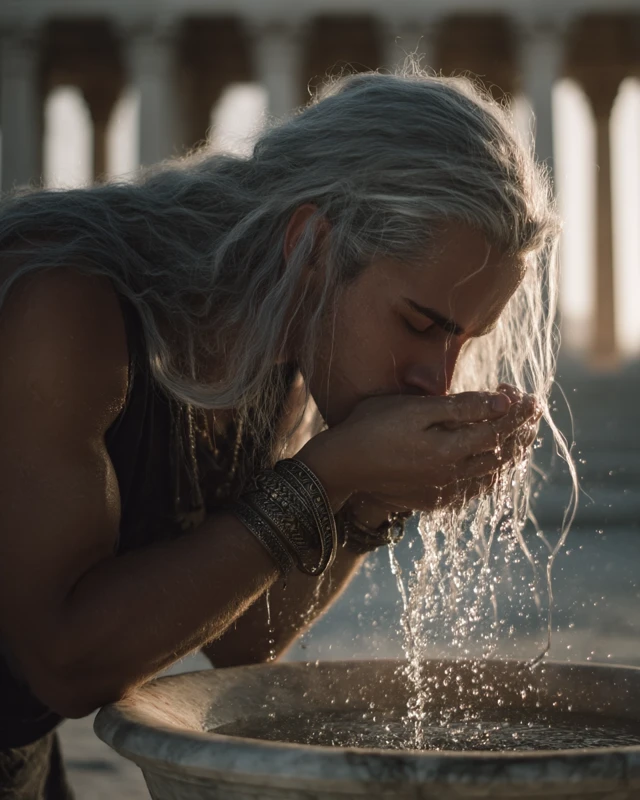Greek Man Silver Hair Washing Face Ancient Setting