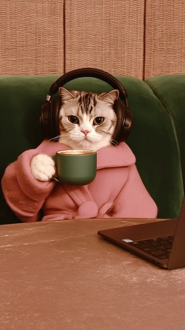 Cute Cat Relaxing with Coffee and Laptop