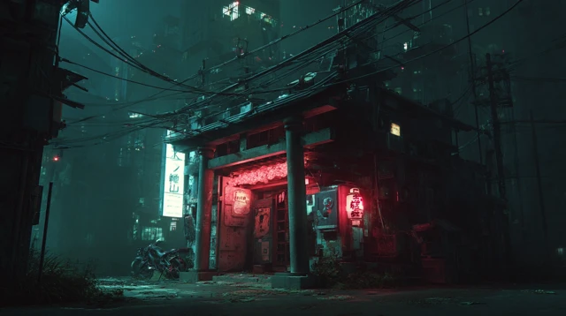 Cyberpunk Shrine Night Scene