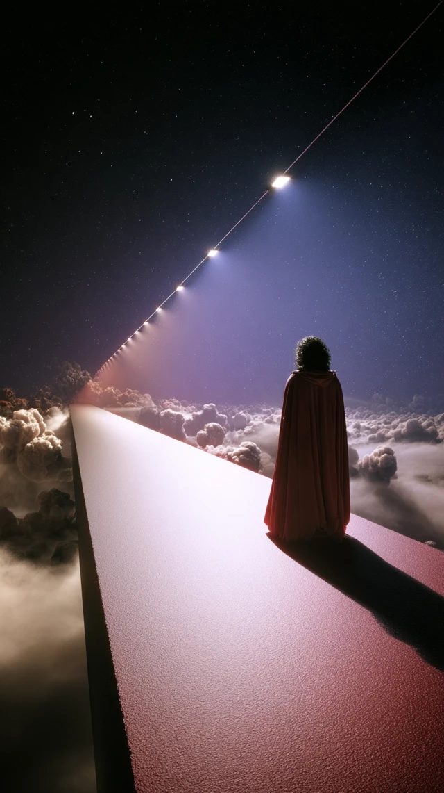 Lone Figure on a Glowing Bridge Dreamlike Fantasy