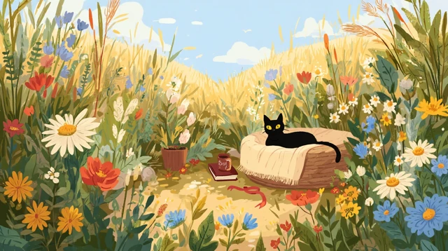 Dreamy Meadow Cat Illustration