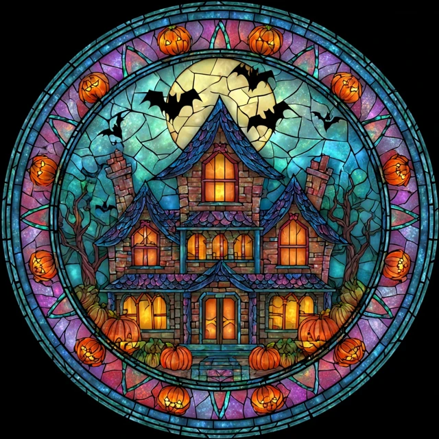 Halloween Stained Glass House Illustration