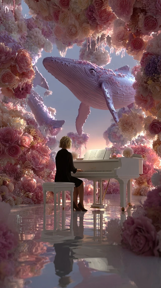 Surreal Dreamscape Whales Piano Flowers 3D