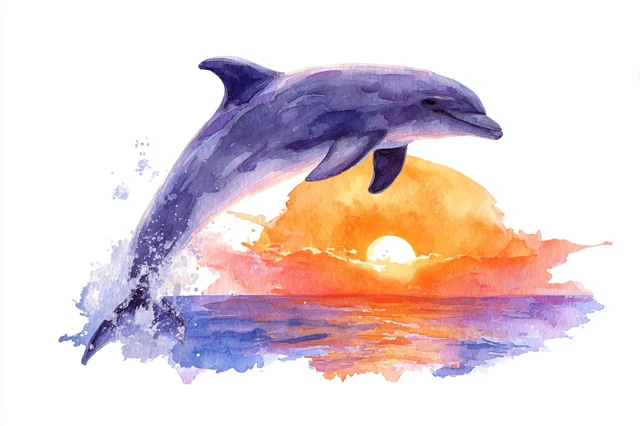 Dolphin Leaping Sunset Watercolor Clipart