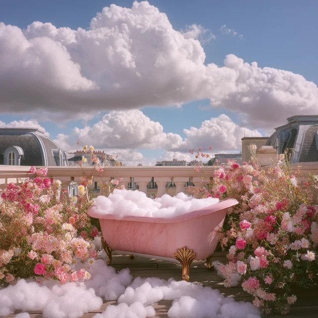 Pink Marble Bathtub in Paris Rooftop Garden