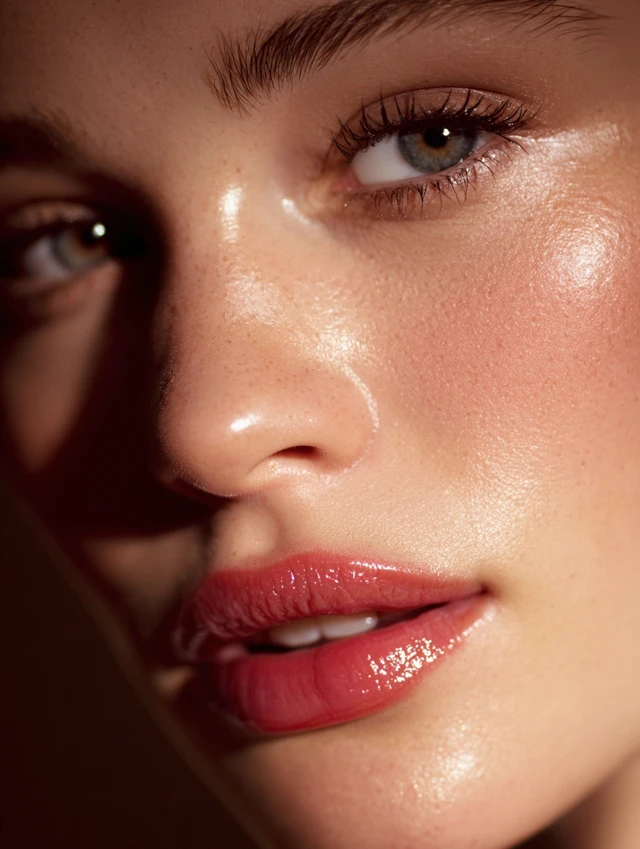 Beauty Editorial Glowing Skin Glossy Lips Makeup