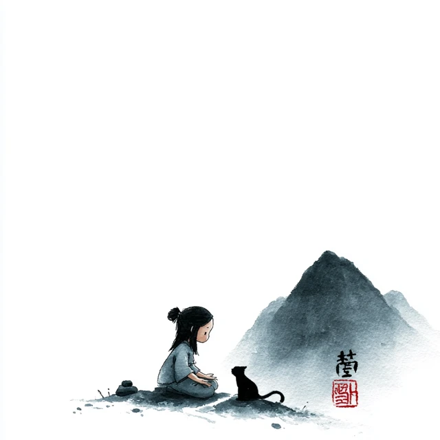 Chinese Girl Cat Zen Mountain Illustration Art